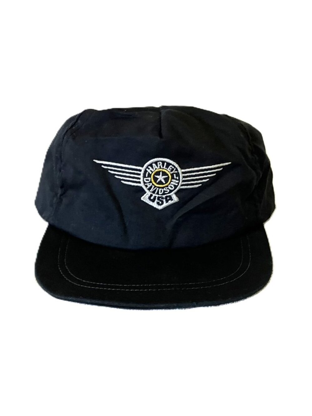Vintage Harley-Davidson USA Winged Star Logo Black Cap — Leather Brass Strapback